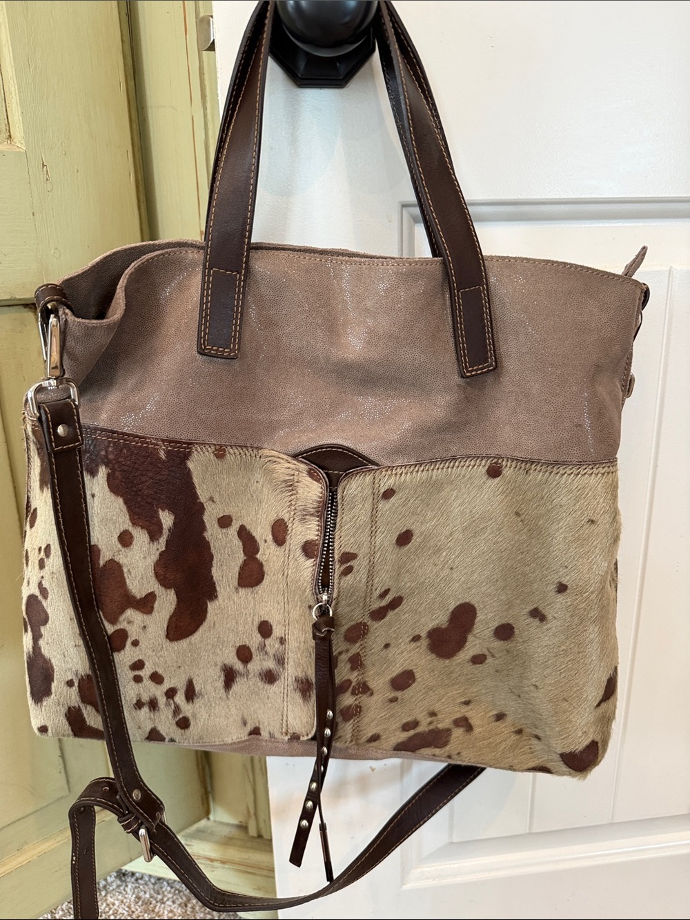NICOLI Brown Spotted Cowhide & Leather Tote